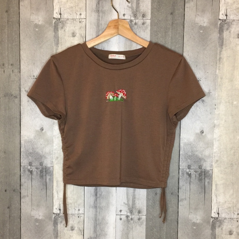 Romwe Embroidered Mushroom Drawstring Top